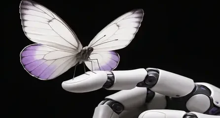 KI in Unternehmen: Zwischen Hype und echter Transformation Eine weiße Schmetterlingsflügel fliegen über einer humanoiden Roboterhand.