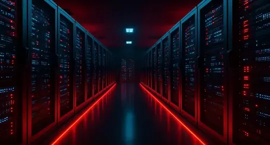Datenschutz trifft KI: Kontrolle im Zeitalter der Automatisierung Dunkler Serverraum mit blauen und roten Lichtern und geschlossenen Schränken.